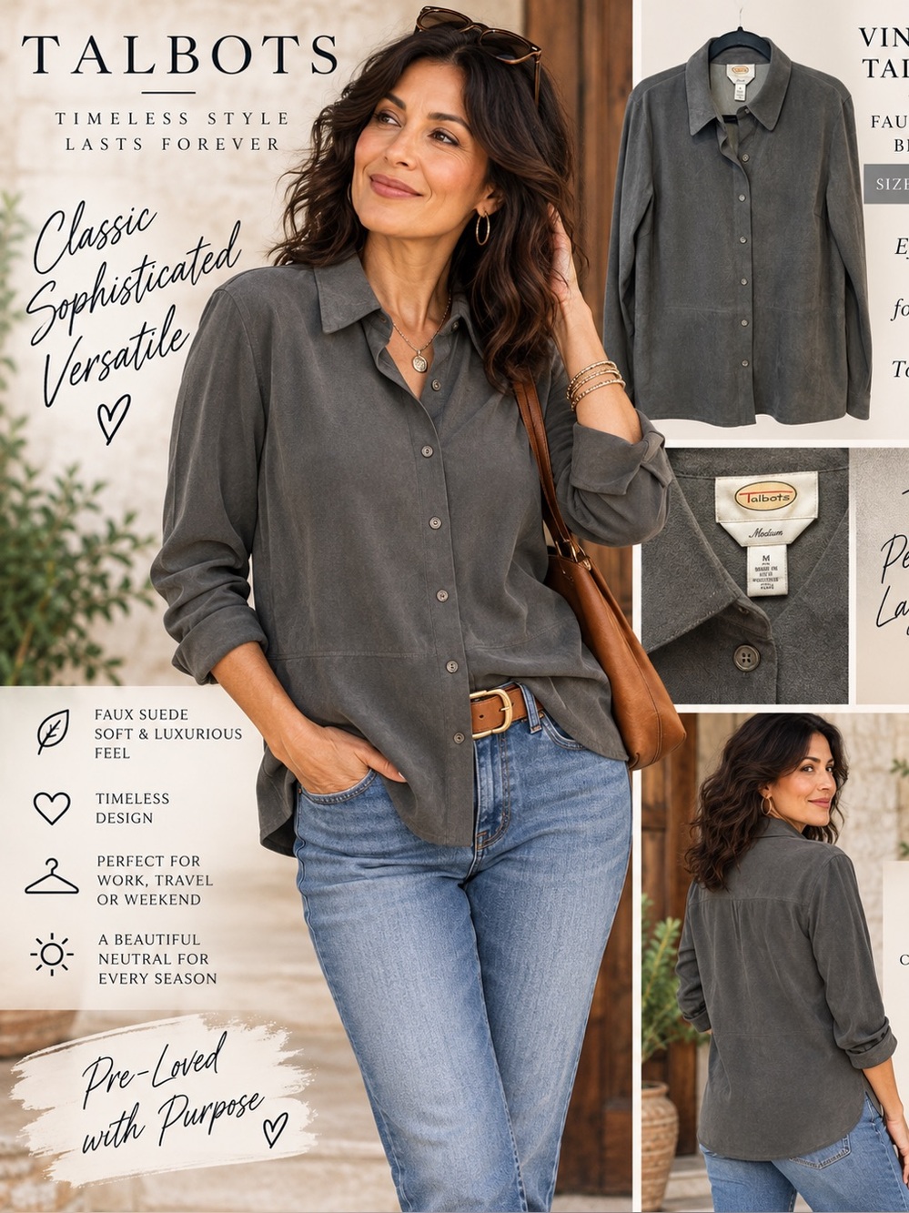Vintage 80’s - 90’s Talbots Charcoal Faux-Suede Button-Down Shirt in Dark Gray M